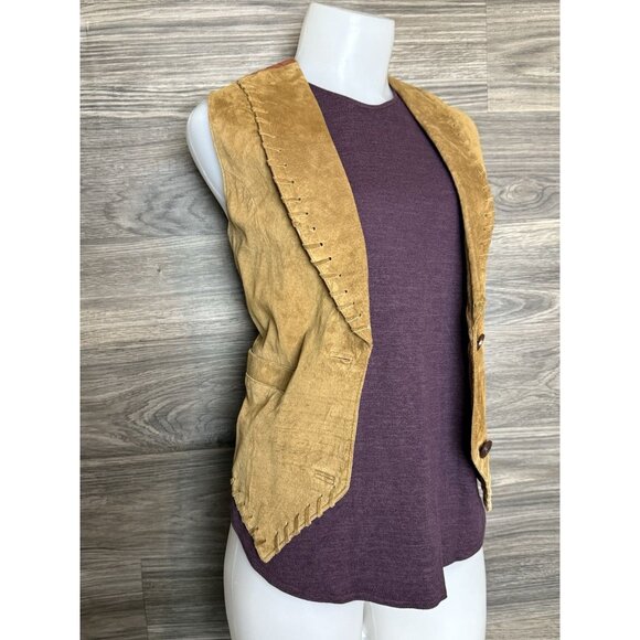 Vtg 100% leather front brown western style vest Adjustable Tie Waist festival - Picture 2 of 12